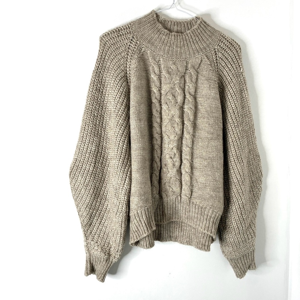 For The Republic Neutral Cable Knit Baggy Sleeve Mock Neck Sweater